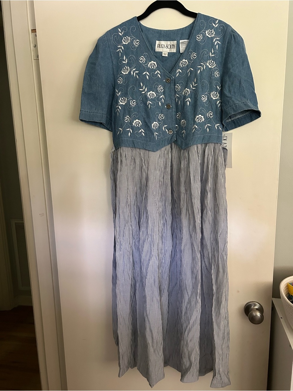 Vintage 1997 NWT Blue Embroidered Denim-Top Maxi Dress